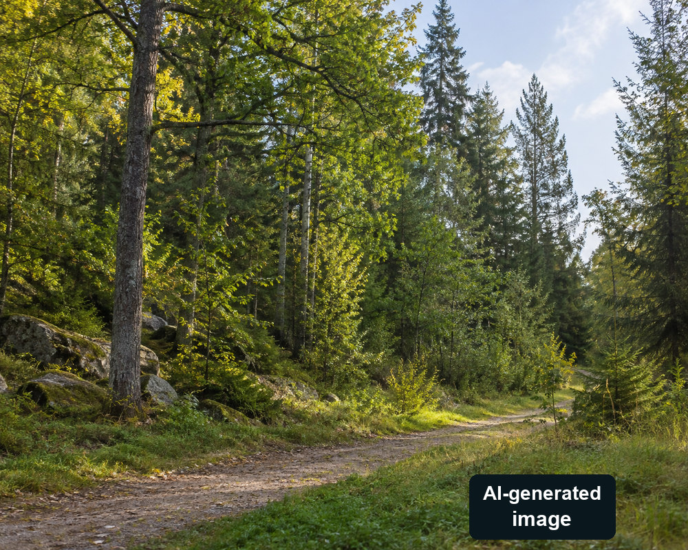 AI-generated generic woodland path; not a certified forest or verified supplier site