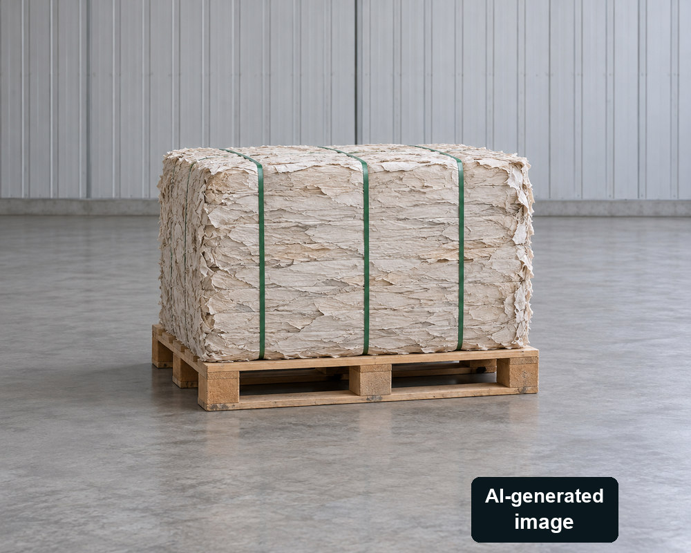 AI-generated single fibre bale on a floor-supported wooden pallet; not evidence of material origin or FLAG eligibility