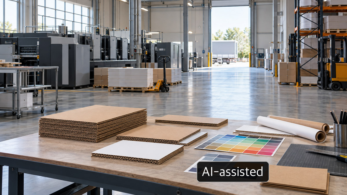 Generic printing and packaging workspace with board and colour samples, not the Seun WORKS site