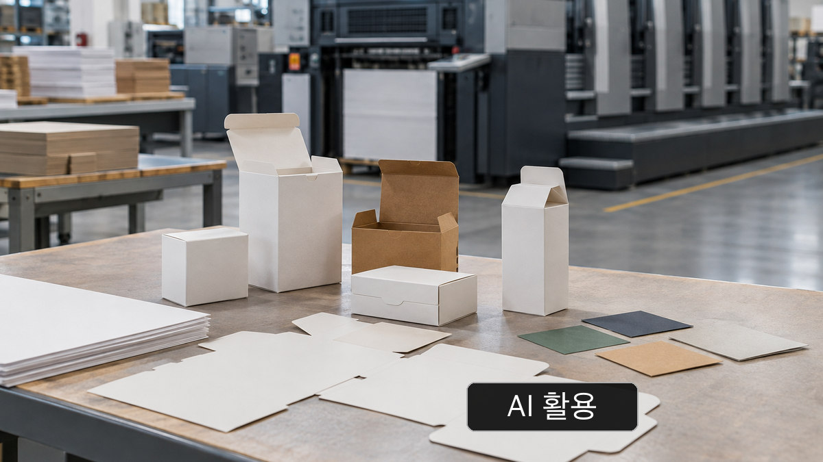 상자 시제품과 평면 재단지, 색상 견본이 놓인 일반 인쇄 작업대. 실제 입주업체가 아님