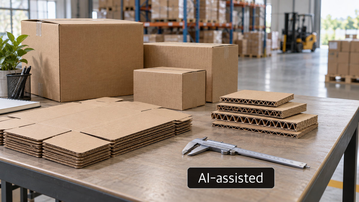AI-generated conceptual image: Generic concept with unmarked corrugated boxes, flat blanks, board samples and caliper; not a Shin-An factory photo