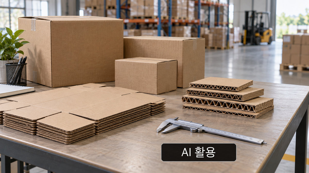 AI 생성 개념 이미지: 무표기 골판지 박스·전개도·시편과 측정 공구를 놓은 일반적인 개념 장면; 신안포장 현장 사진이 아님