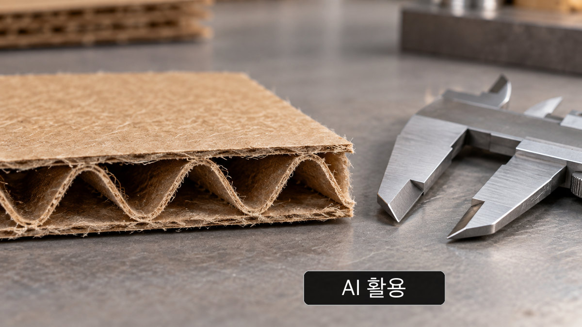 AI 생성 개념 이미지: 골판지의 라이너·골심지 단면과 캘리퍼를 놓은 일반적인 검사 작업대; 신안포장 검사 성적이 아님