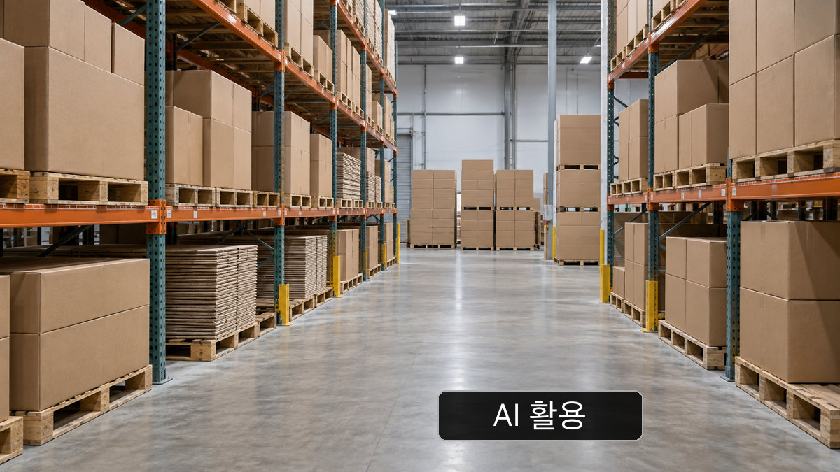 AI 생성 개념 이미지: 일반적인 창고의 팔레트 위에 안정적으로 쌓인 무표기 골판지 박스; 신안포장 재고 사진이 아님