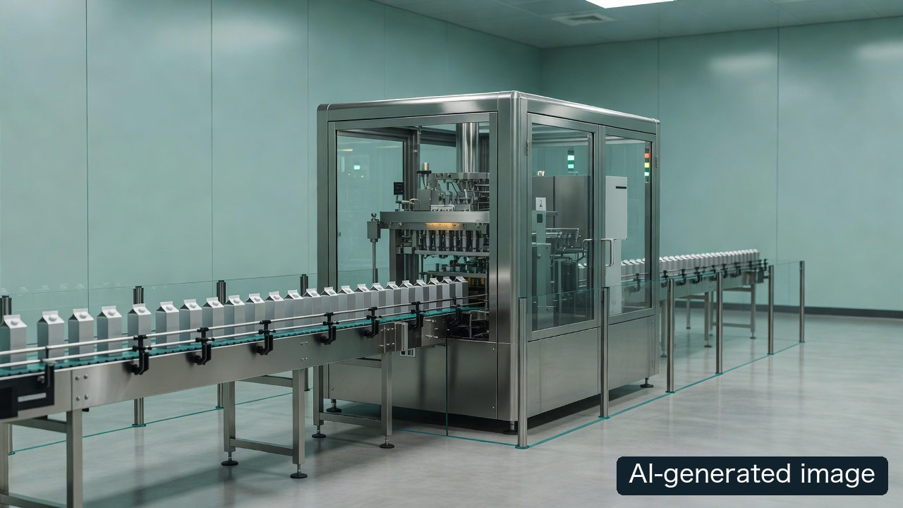 AI-generated concept of a generic enclosed carton filling line; not a SIG machine or evidence of its measured performance