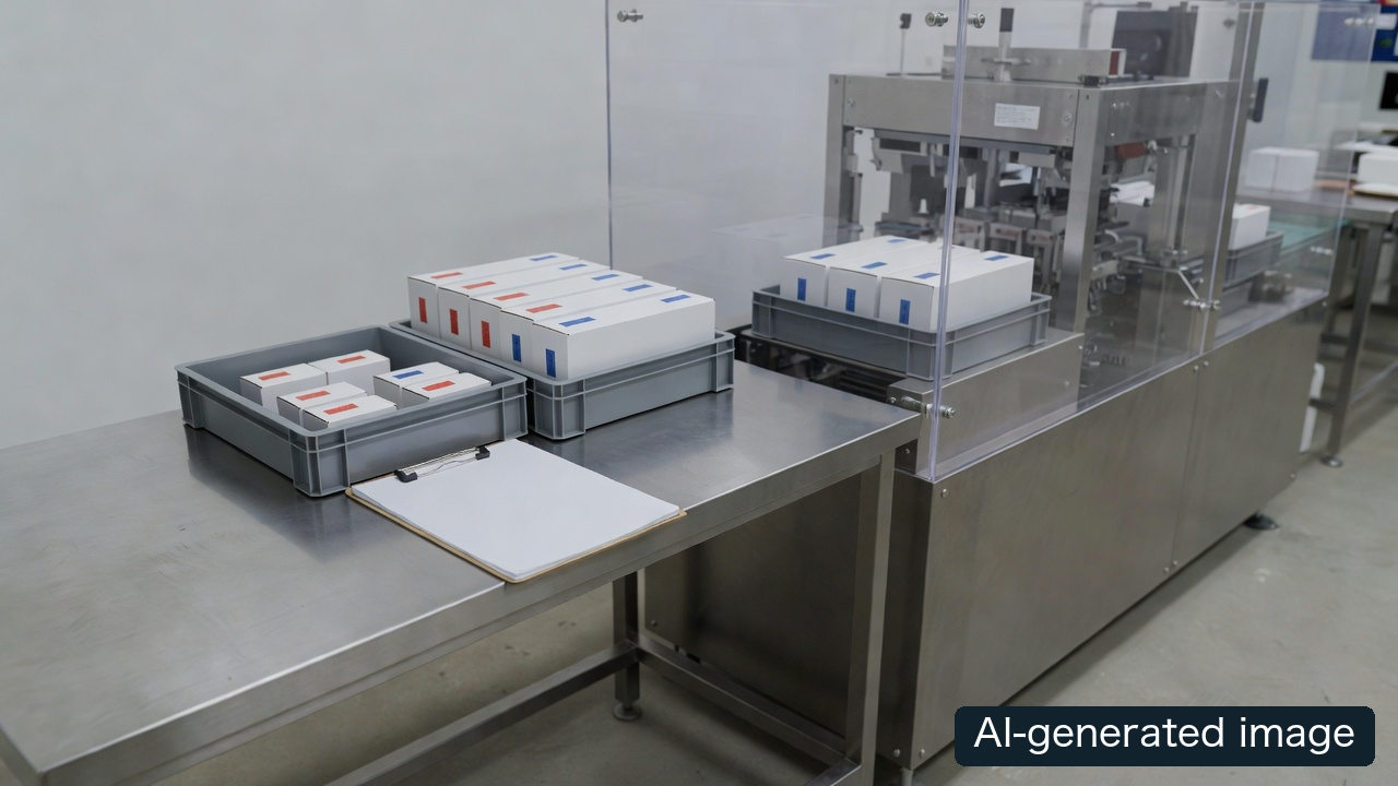 AI-generated concept of carton samples and a blank checklist beside a generic enclosed line; not a photograph of SIG’s changeover procedure or timing