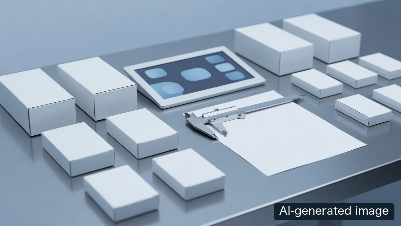 AI-generated concept of generic carton samples and measurement tools on a quality-control desk; not SIG test data or actual production cartons