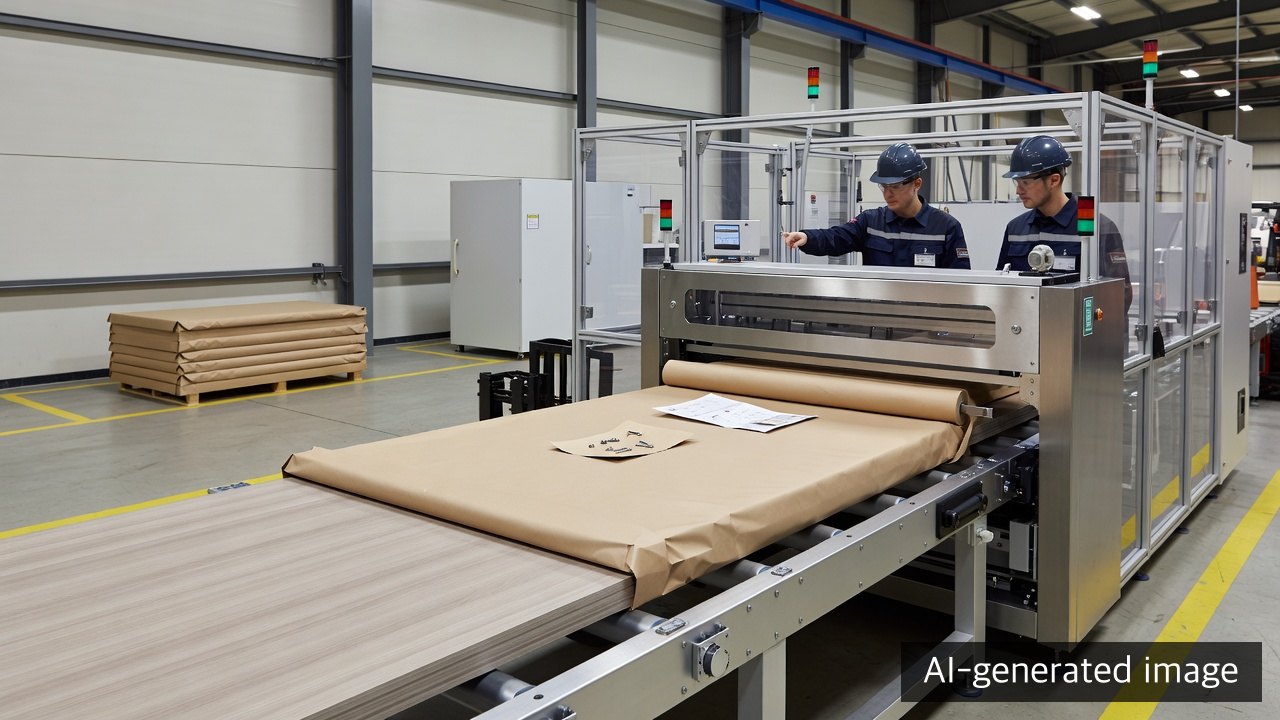 Automated fit-to-size paper wrapping line for flat furniture panels