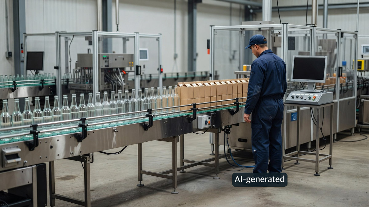 AI-generated generic concept of a bottling and case-packing line, not the Ace One Food site