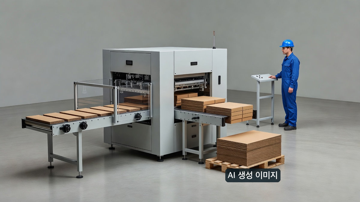 상자 성형·포장 설비 앞에서 작업 흐름을 살피는 AI 생성 일반 개념 장면