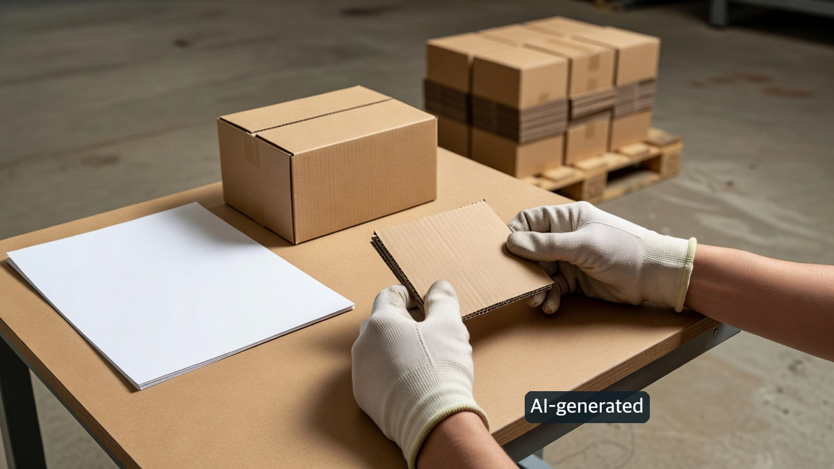 AI-generated generic concept of inspecting a corrugated sample beside cartons at a workbench