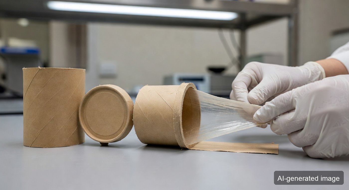 A high-paper-content cylindrical container with its body, lid, rim, and inner barrier being reviewed