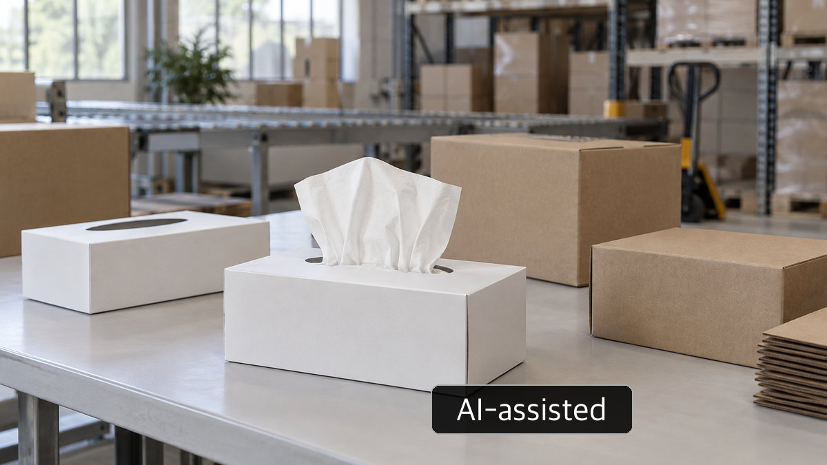 AI-generated conceptual image of an unmarked tissue carton and generic corrugated shipper; not Ssangyong C&B products or a photograph of its Thailand shipments