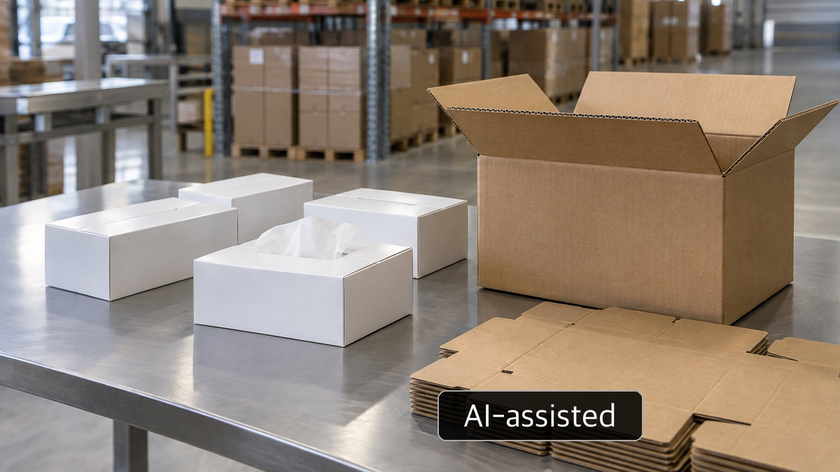 AI-generated conceptual image of plain tissue cartons and generic corrugated material on an inspection table; not a reproduction of actual export artwork or origin markings