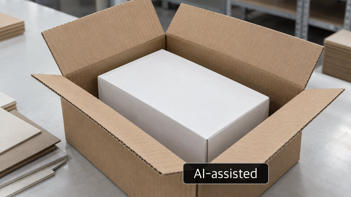 AI-generated conceptual image of an unmarked inner carton and ordinary corrugated shipper; not the Paseo pack construction or a transport-test result