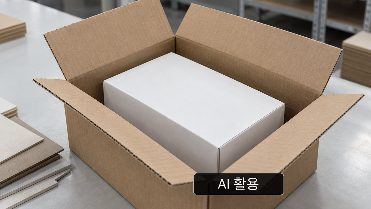 AI 생성 개념 이미지: 일반적인 무표기 내부 상자와 골판지 외박스를 놓은 작업대; 실제 파세오 포장 구조나 시험 결과를 보여주지 않음