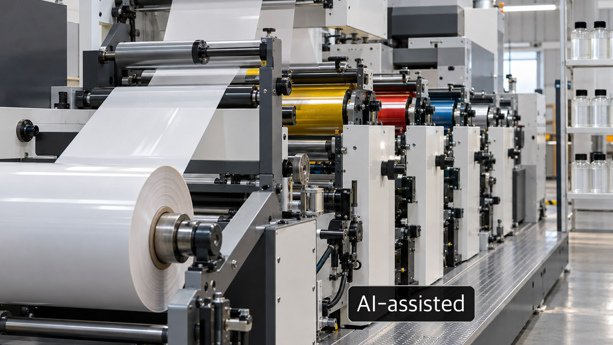 Generic roll-fed packaging press and threaded substrate web, not an actual SolarFlex application