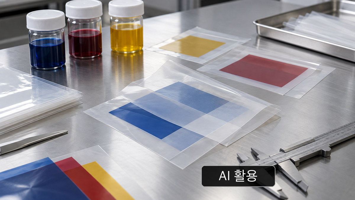뚜껑 있는 무표기 액체 병과 색상 샘플을 놓은 일반 실험대. 실제 이행 시험 성적이 아님