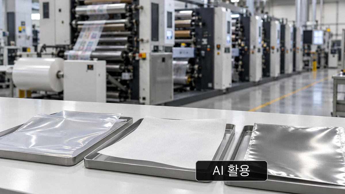 일반 인쇄 웹과 무표기 포장재 샘플. 실제 소재 구성·식품 접촉 적합성을 증명하지 않음