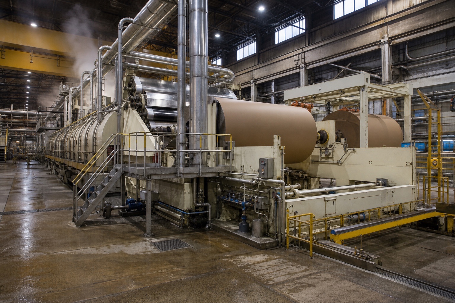 Containerboard dryer section leading to large liner reels at the winding end
