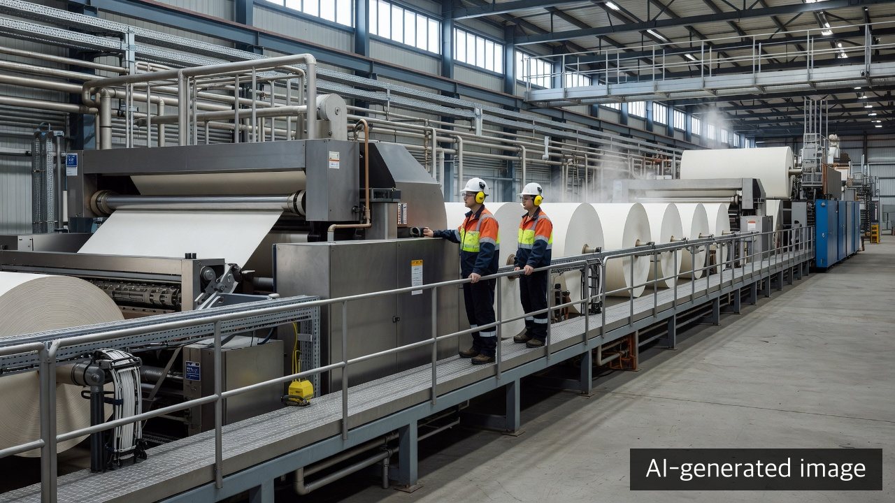 Engineers viewing a large packaging-paper machine from forming to reel from a protected walkway — AI-generated image, not a photograph of Yanzhou PM47