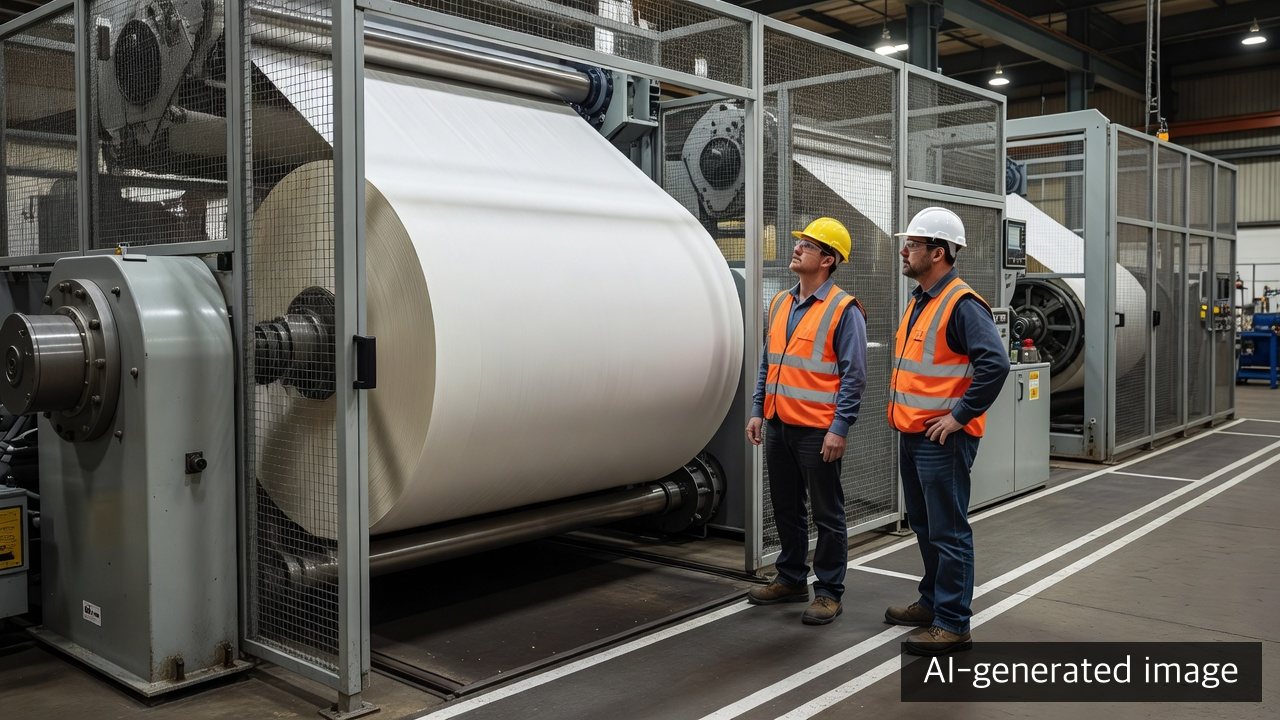 A jumbo reel and the reel section of a large operating paper machine viewed from behind guarding — AI-generated image, not a photograph of Yanzhou PM47