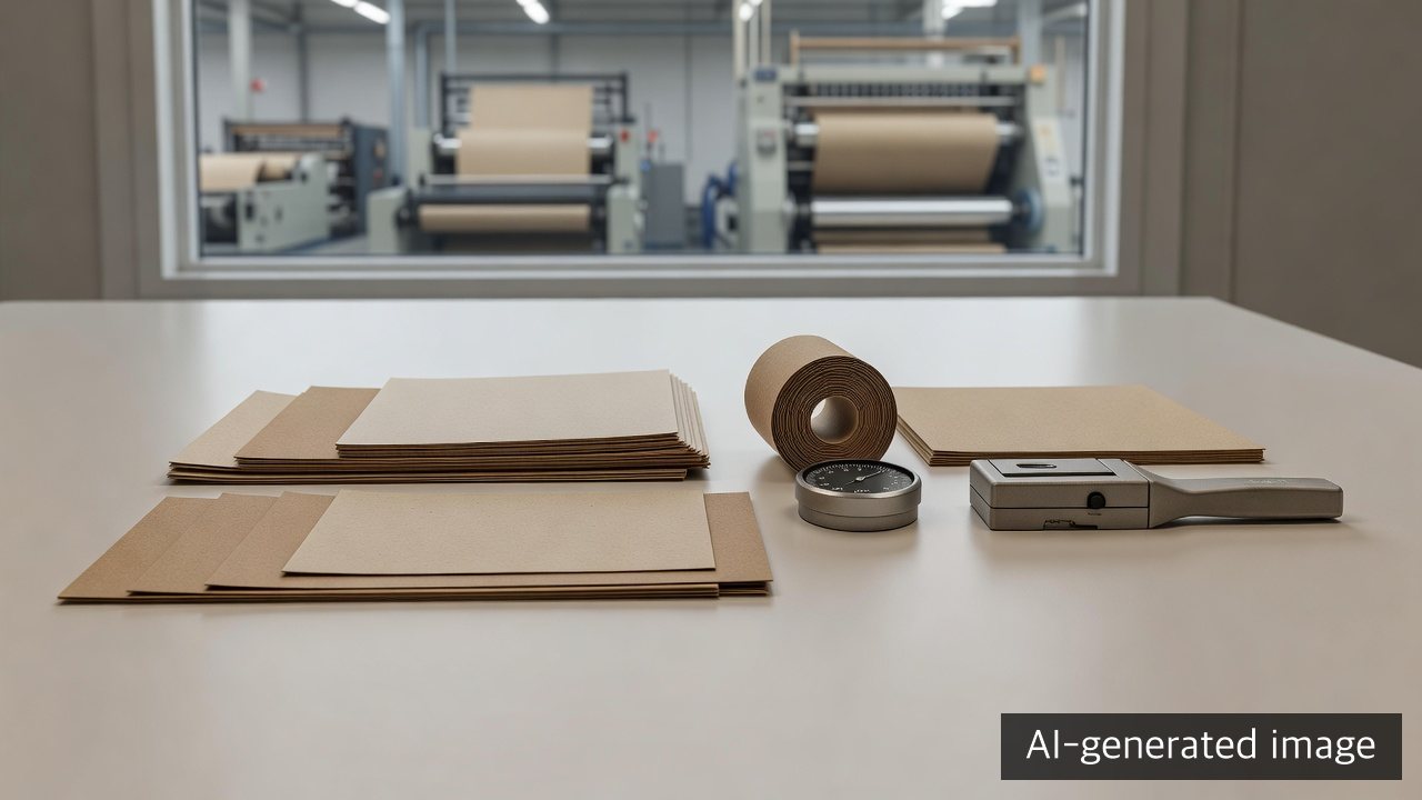 A generic paper-quality laboratory scene with an inspector comparing unmarked paper samples and a reel cross-section — AI-generated image, not a PM47 acceptance-test photograph