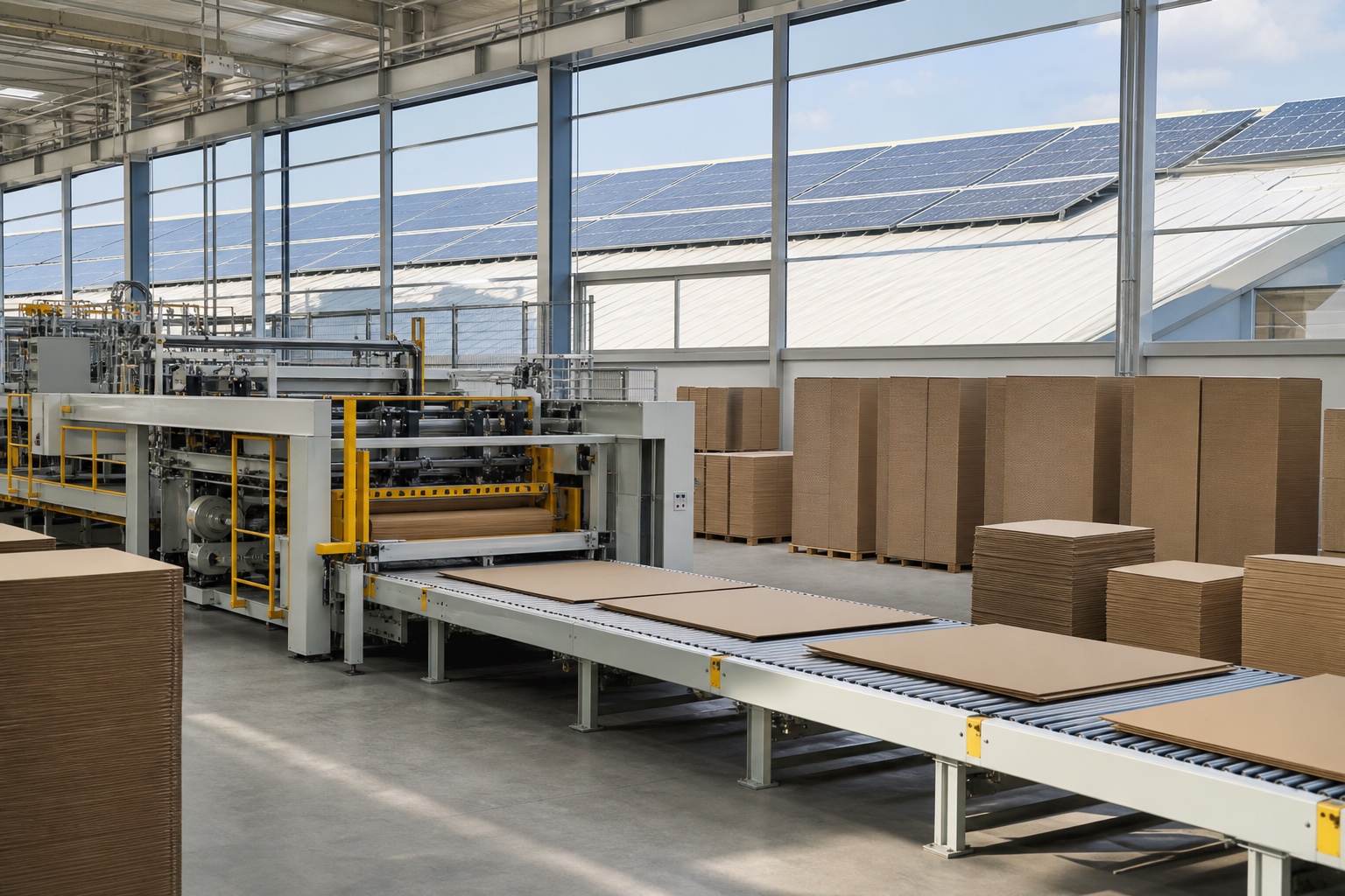 Corrugated-box production plant with visible rooftop solar panels