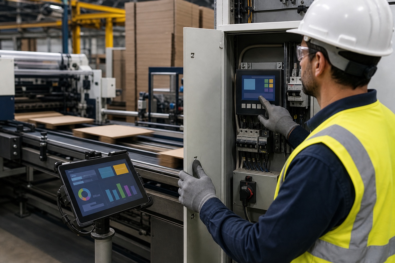 Worker checking electricity metering and production-order traceability beside a corrugated line
