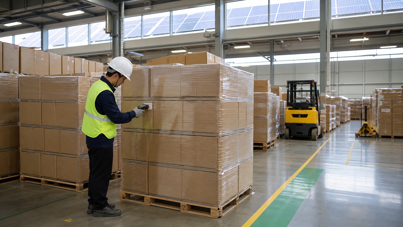 Worker checking corrugated production lots linked to onsite solar electricity