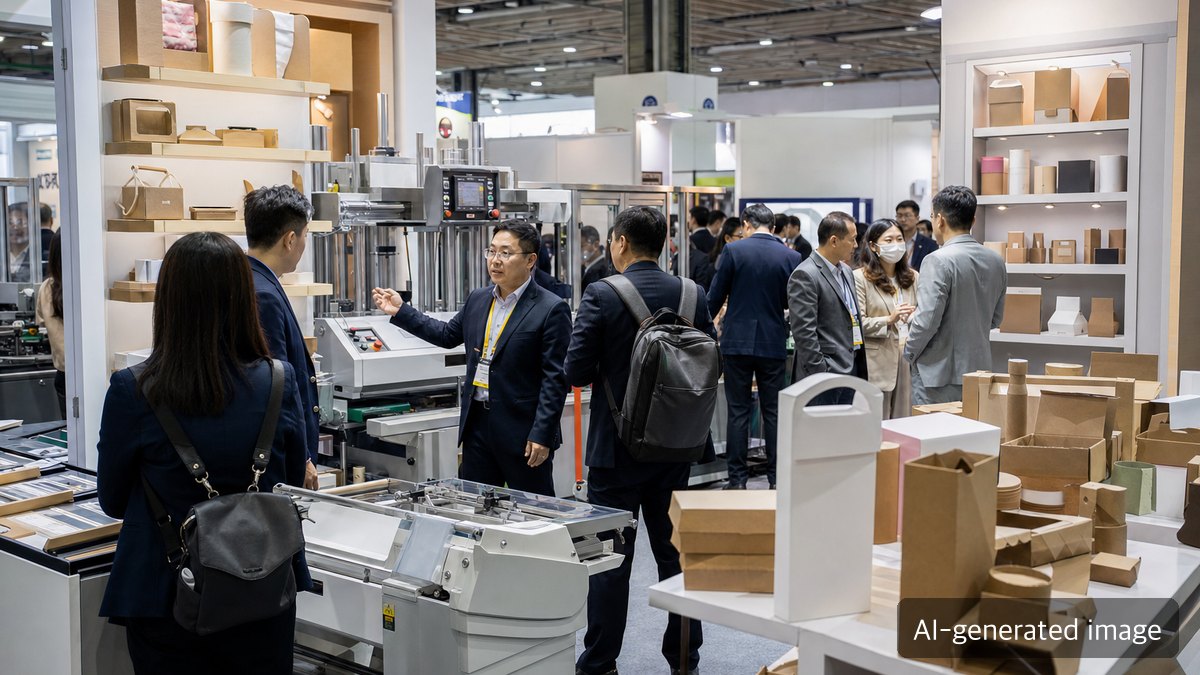 An Asian packaging exhibition booth with smart packaging machinery and paper packaging samples