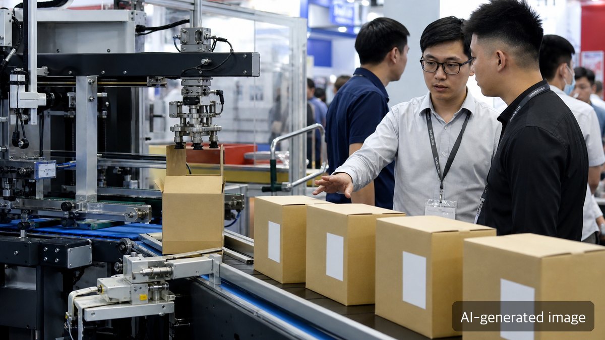 Packaging professionals reviewing smart packaging machinery and paper packaging samples at an Asian exhibition