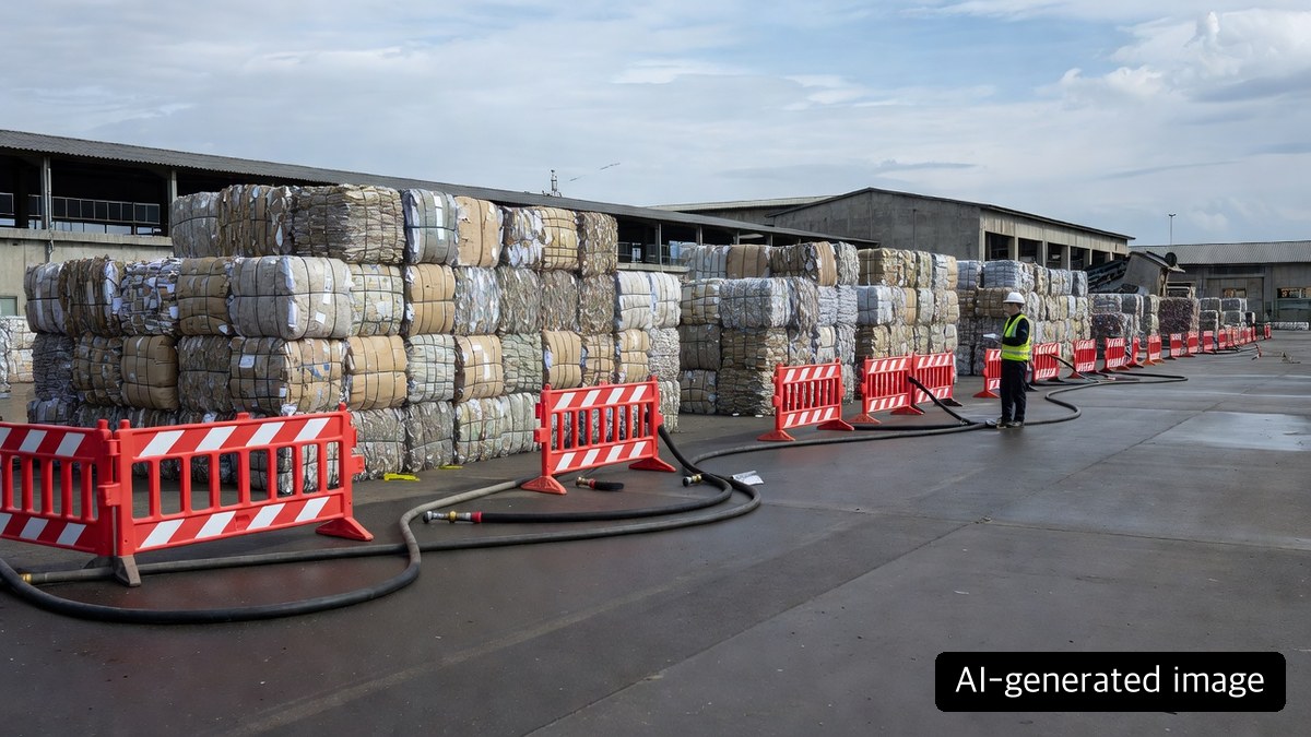 AI-generated illustration of a controlled inspection perimeter after an outdoor recovered-paper yard incident, not a photograph of Chung Hwa Pulp's Taitung mill
