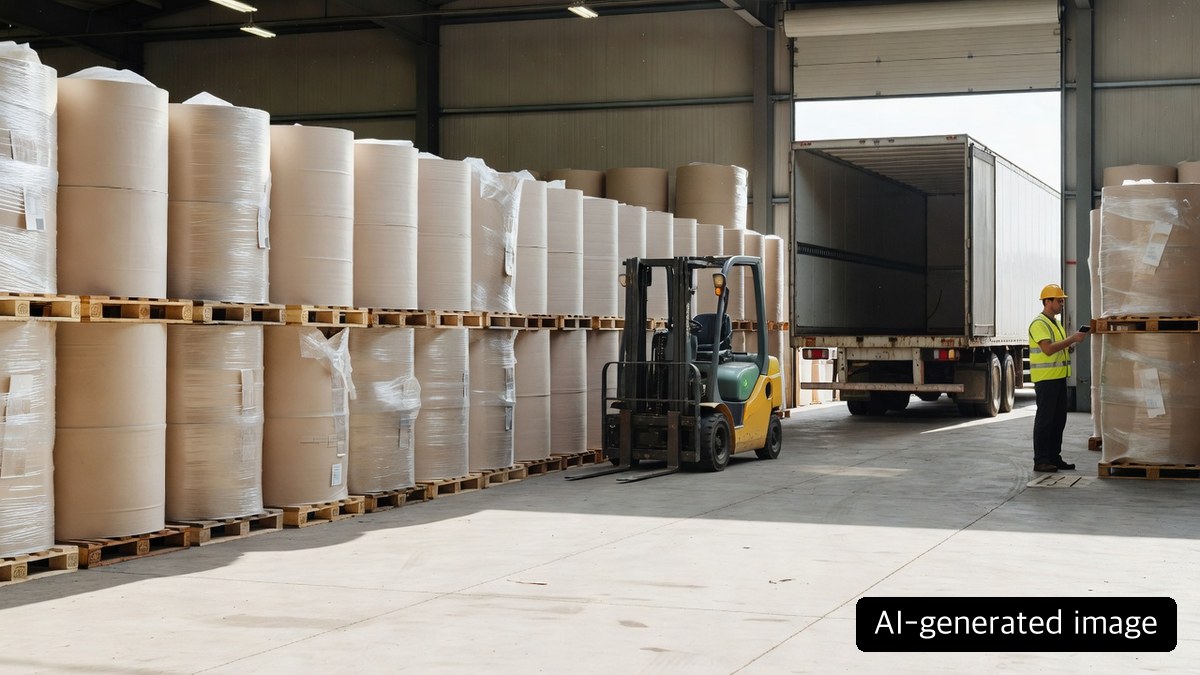 AI-generated illustration of a generic paper warehouse used to verify alternate supply, released stock and transport status