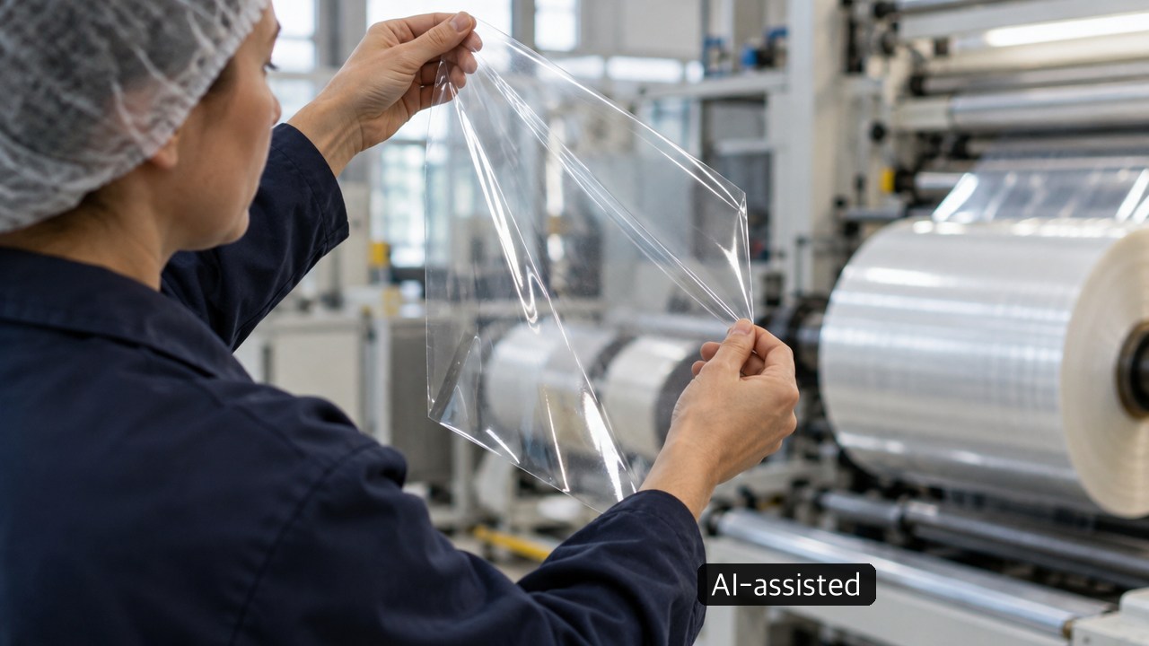 Generic worker examining a transparent film sample in front of production machinery
