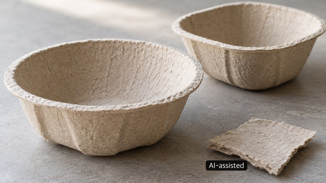Molded-pulp bowls and containers on a table