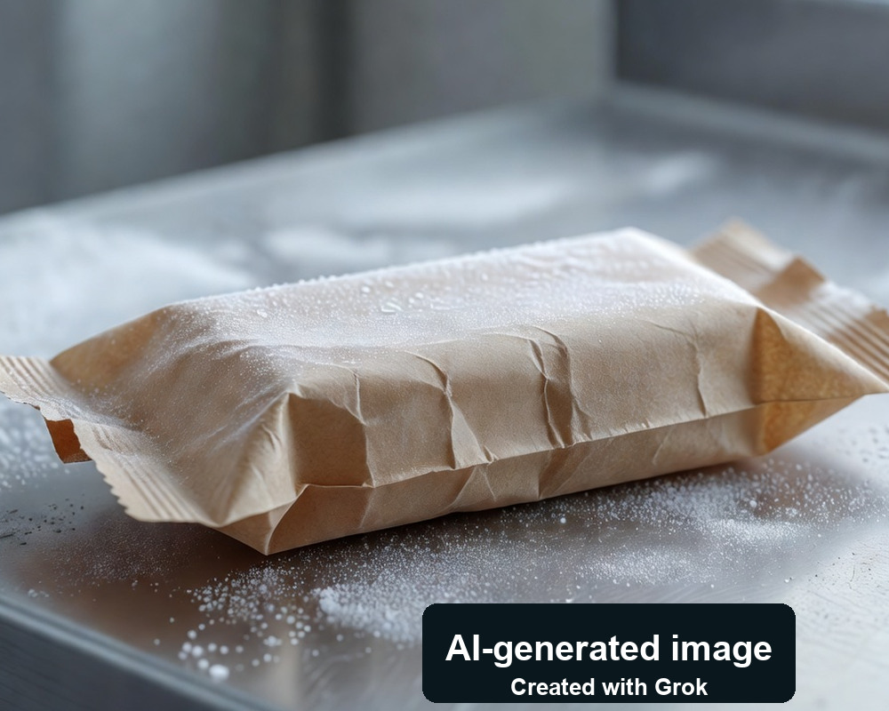 AI-generated photoreal scene of an unbranded frozen-dessert paper-wrap sample; not an actual Tetra Pak pack