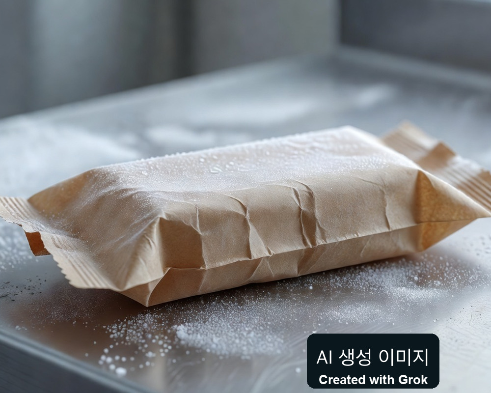 AI 생성 실사풍 재현: 무표기 종이풍 랩에 싼 일반 냉동 디저트 견본. Tetra Pak 실제 제품 사진 아님