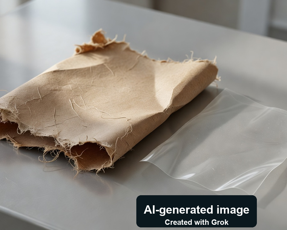 AI-generated photoreal scene of separate paper and clear-film samples; not the actual wrapper&rsquo;s measured layers