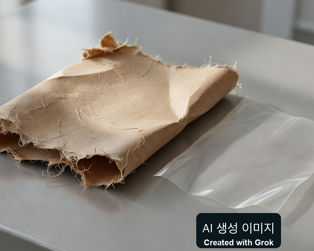 AI 생성 실사풍 재현: 별개의 종이 견본과 투명 필름 견본. 실제 제품 층별 구조·성능 자료 아님
