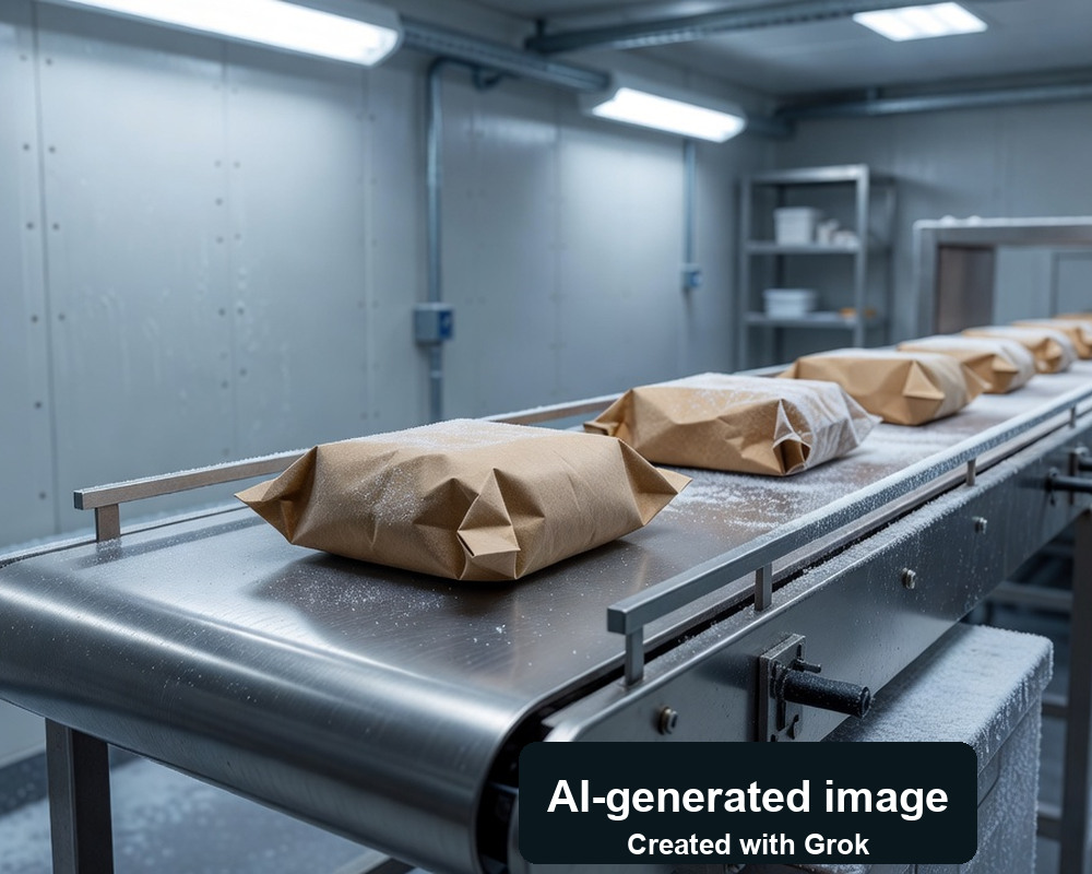 AI-generated photoreal scene of a generic cold-room wrapping trial; not Tetra Pak commercial production