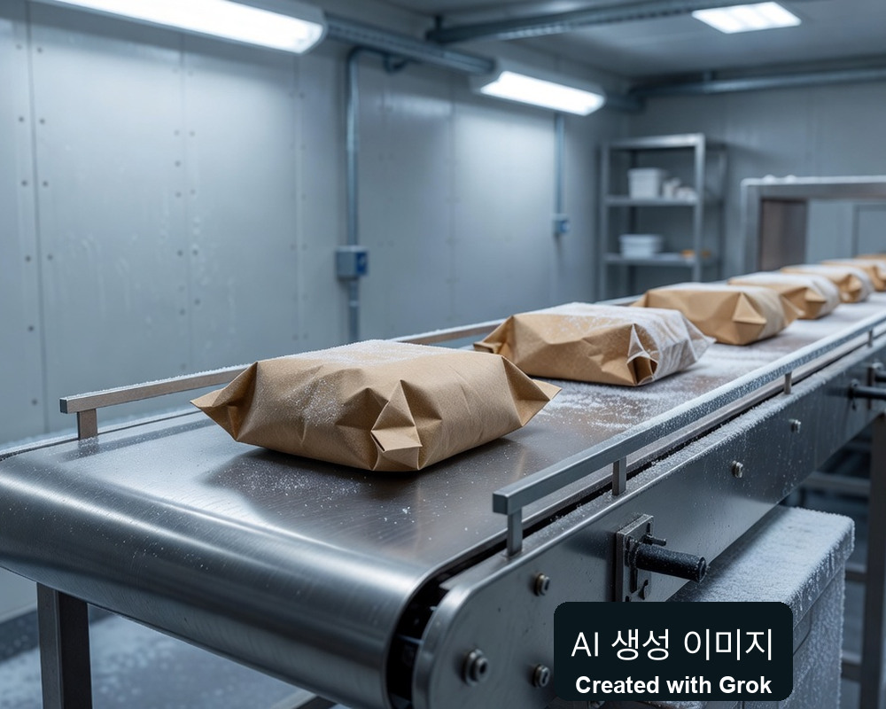 AI 생성 실사풍 재현: 일반 저온 포장 시험장과 무표기 포장 견본. Tetra Pak 상용화 현장 아님