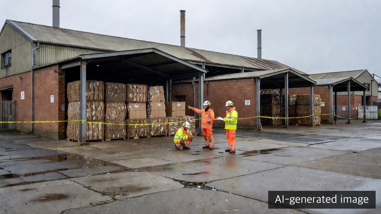 Illustrative industrial scene of a recycled-containerboard mill being assessed from a safe area after a recovered-fibre depot fire was brought under control