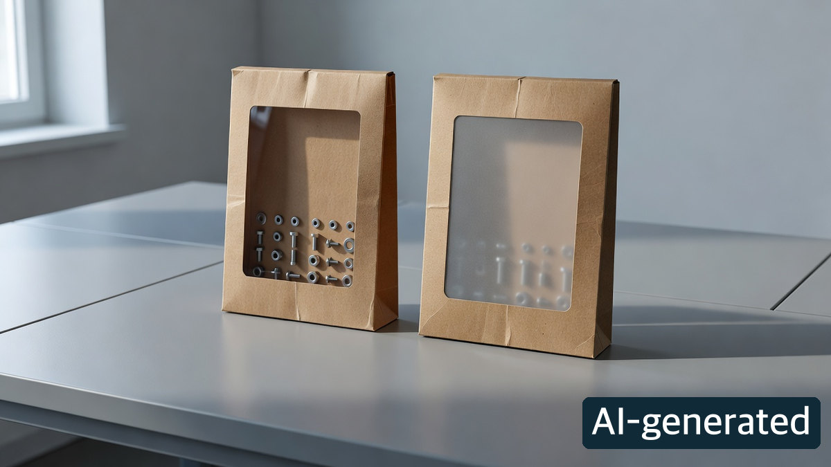 AI-generated concept scene of two plain kraft window packages with different degrees of visibility on a workbench; not actual Ahlstrom materials or test specimens.