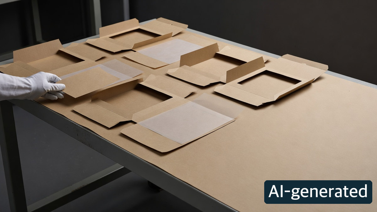 AI-generated conceptual scene of unprinted carton blanks with translucent window patches on a sturdy bench as a gloved hand touches an edge; it shows no verified bonding performance or test result.
