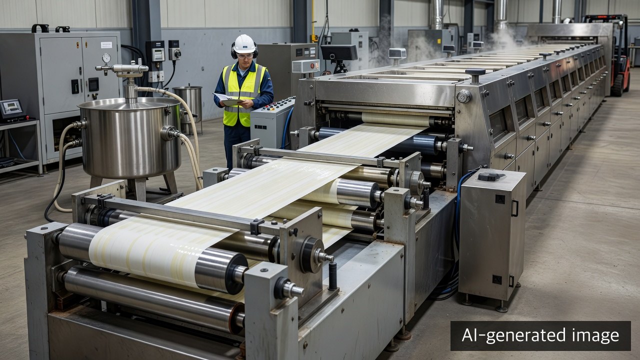 AI-generated industrial view of a water-based pressure-sensitive adhesive being coated and dried on paper labelstock