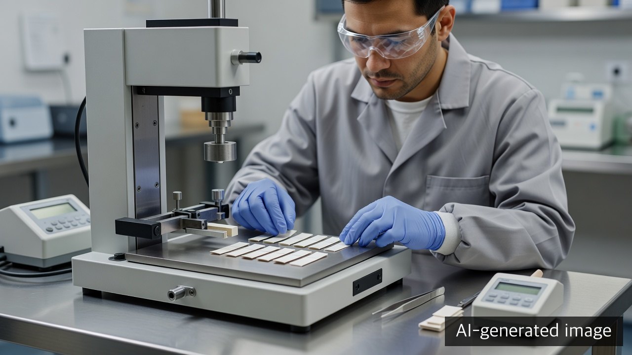 AI-generated illustrative view of a materials laboratory comparing peel, tack and shear on paper-label specimens