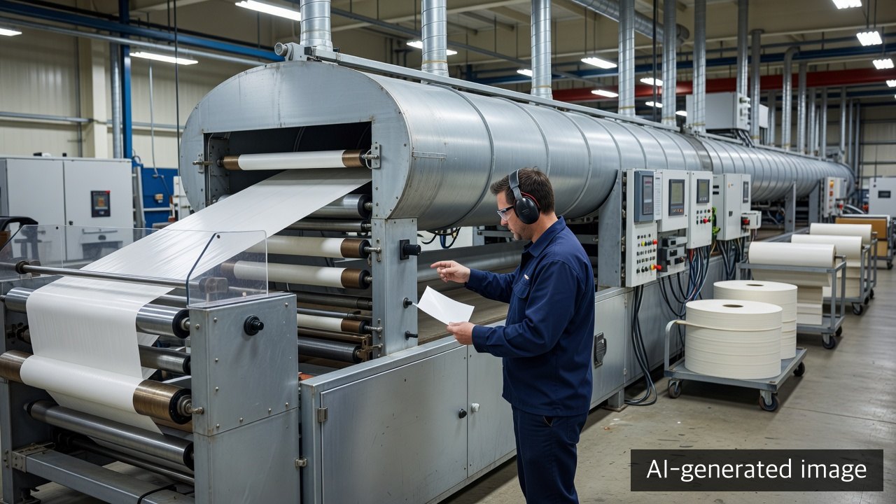 AI-generated illustrative view of a production engineer checking the dryer, web path and energy-metering boundary during a label-coating trial