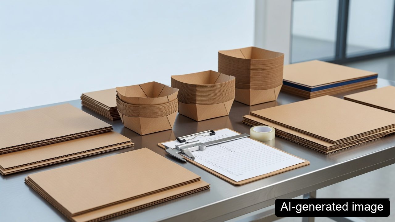 AI-generated image of paper food-packaging samples and an inspection sheet on a quality-control bench