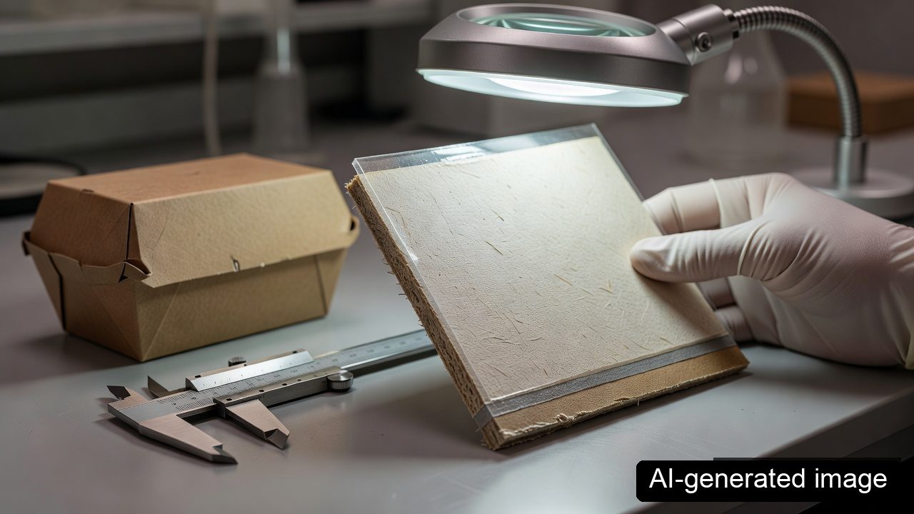 AI-generated image of a coated paperboard edge and adhesive seam being inspected under a task light